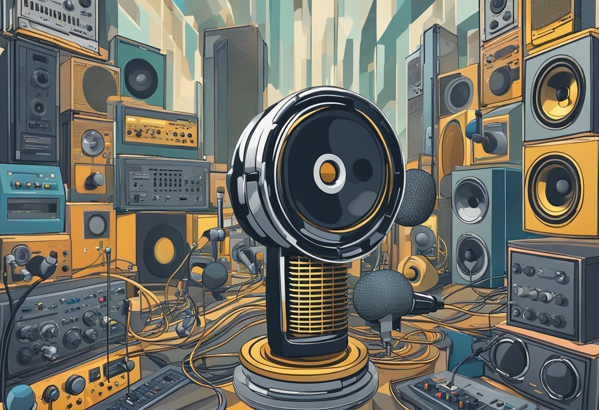 A microphone surrounded by various audio equipment, with sound waves emanating from it, symbolizing the evolution and future of podcasting
