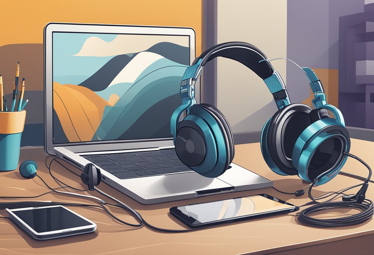 A microphone and headphones sit on a desk, surrounded by a laptop, tablet, and smartphone. Waves of sound emanate from the devices, symbolizing the impact of technology on podcasting
