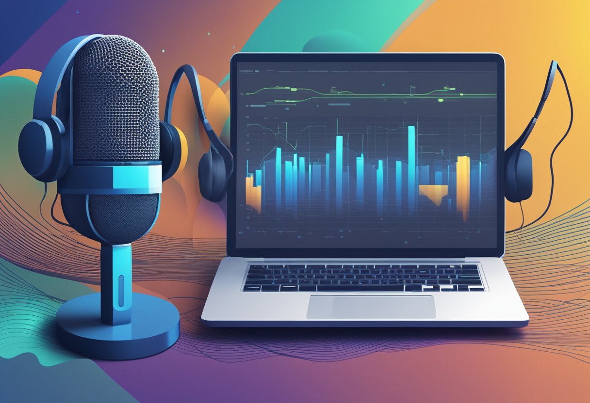 A microphone surrounded by sound waves, with headphones and a laptop in the background, symbolizing the future of podcasting industry