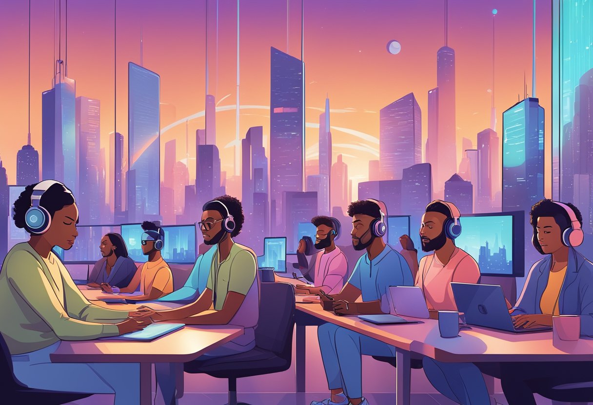 A diverse group of people listens to podcasts on various devices, while a futuristic cityscape looms in the background