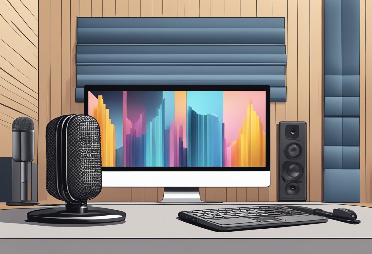 A microphone stands on a table, surrounded by soundproofing panels. A laptop displays a waveform on its screen, indicating a recording in progress