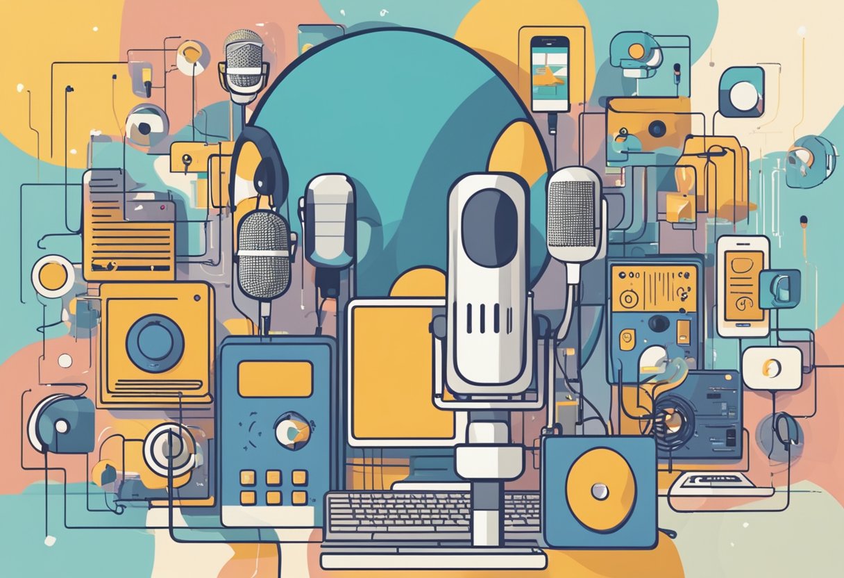 A microphone surrounded by various electronic devices, with sound waves emanating from it. A speech bubble with the word "podcasting" floats in the air, while a group of people interact with the devices