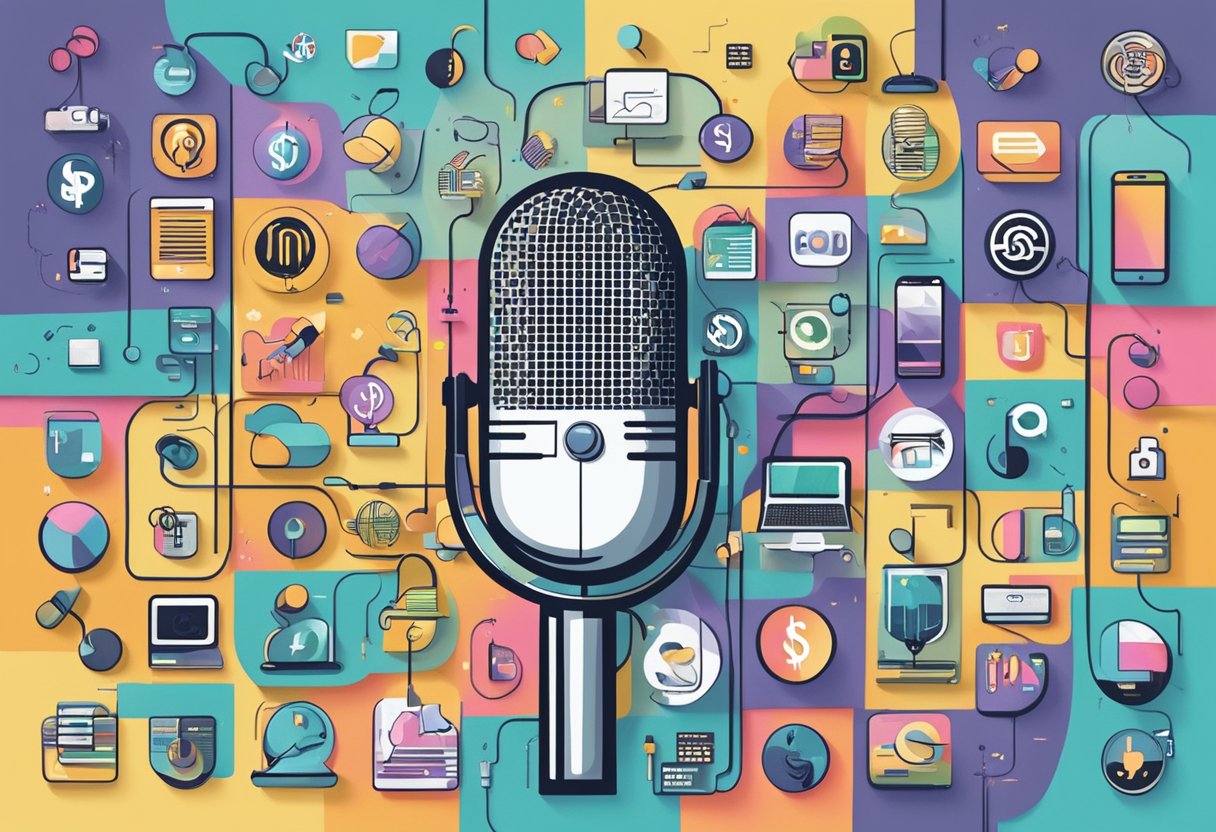 A microphone surrounded by various forms of digital media, such as logos of popular podcast platforms and dollar signs, symbolizing the future of podcasting monetization