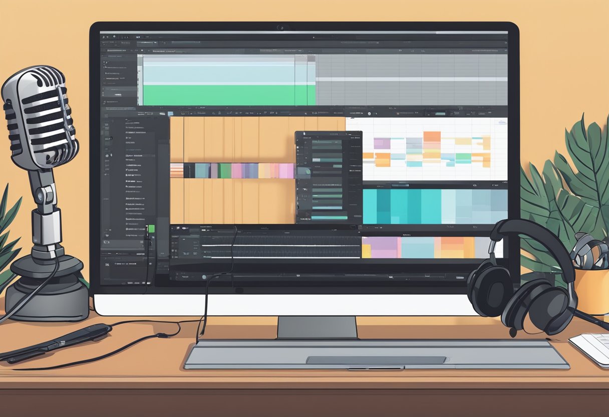 A microphone and headphones sit on a desk, with a laptop displaying a video editing software. A podcast logo is visible on the screen, indicating the integration of video in podcasting