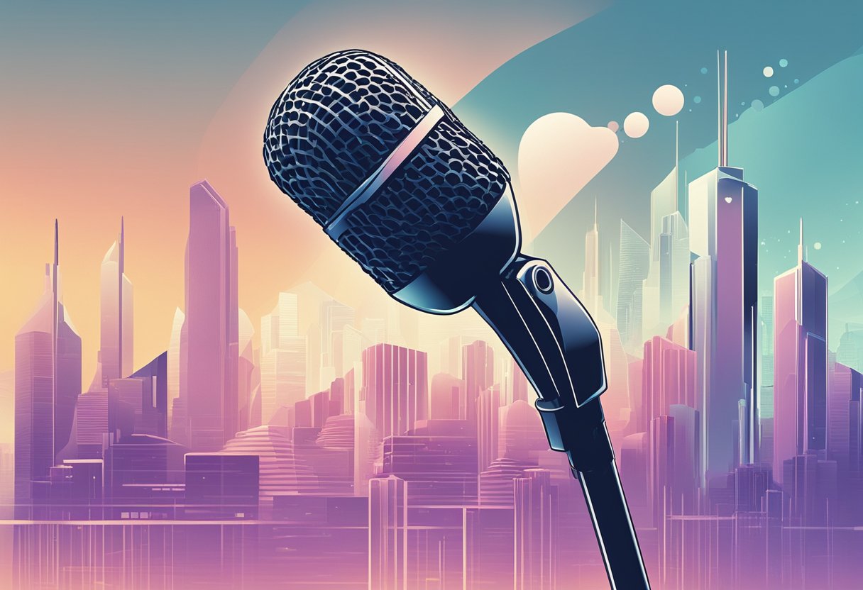 A microphone stands in front of a futuristic city skyline, with digital waves symbolizing sound waves emanating from it