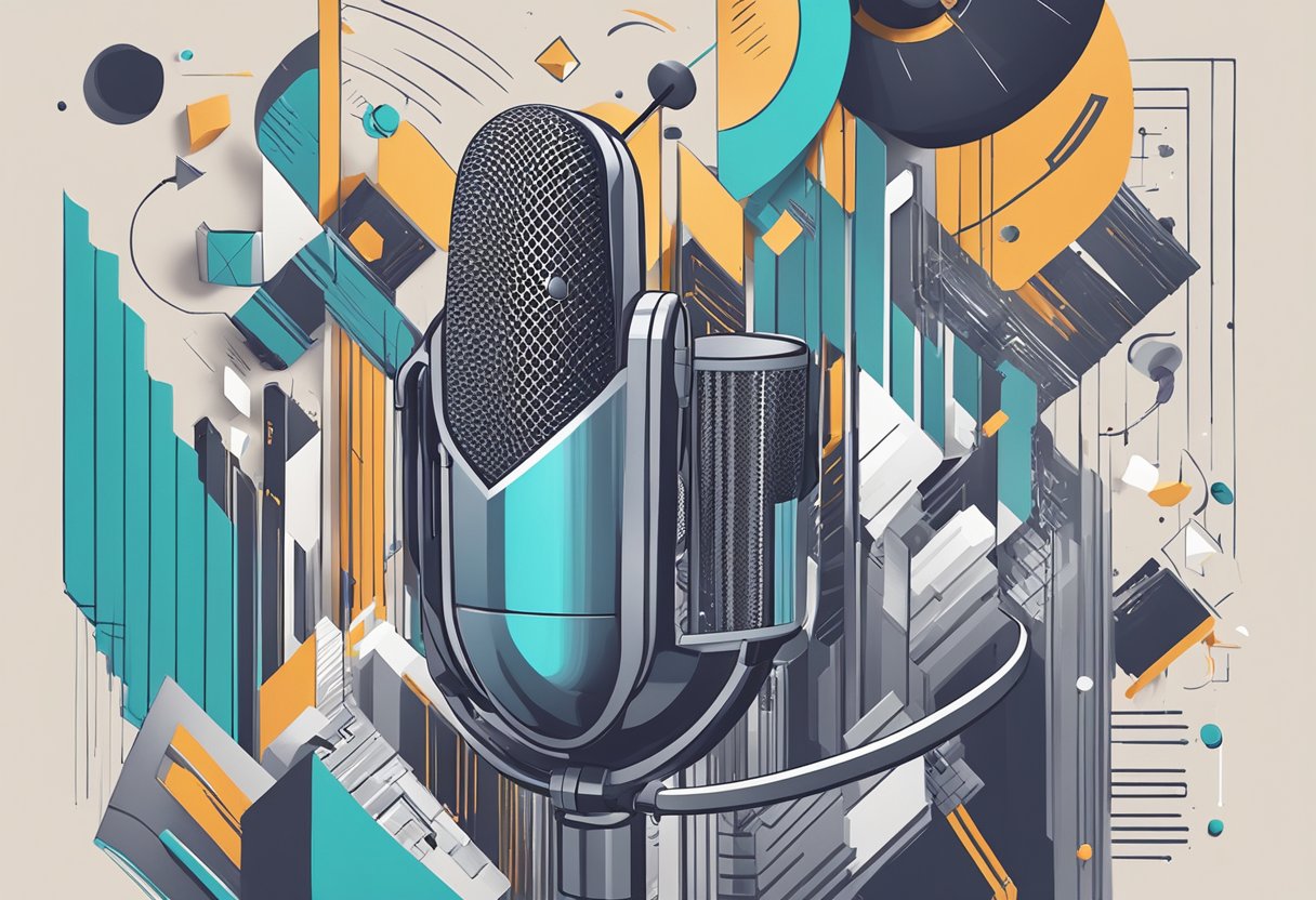 A microphone surrounded by branding materials, with a podcast logo displayed on a screen in a modern studio setting