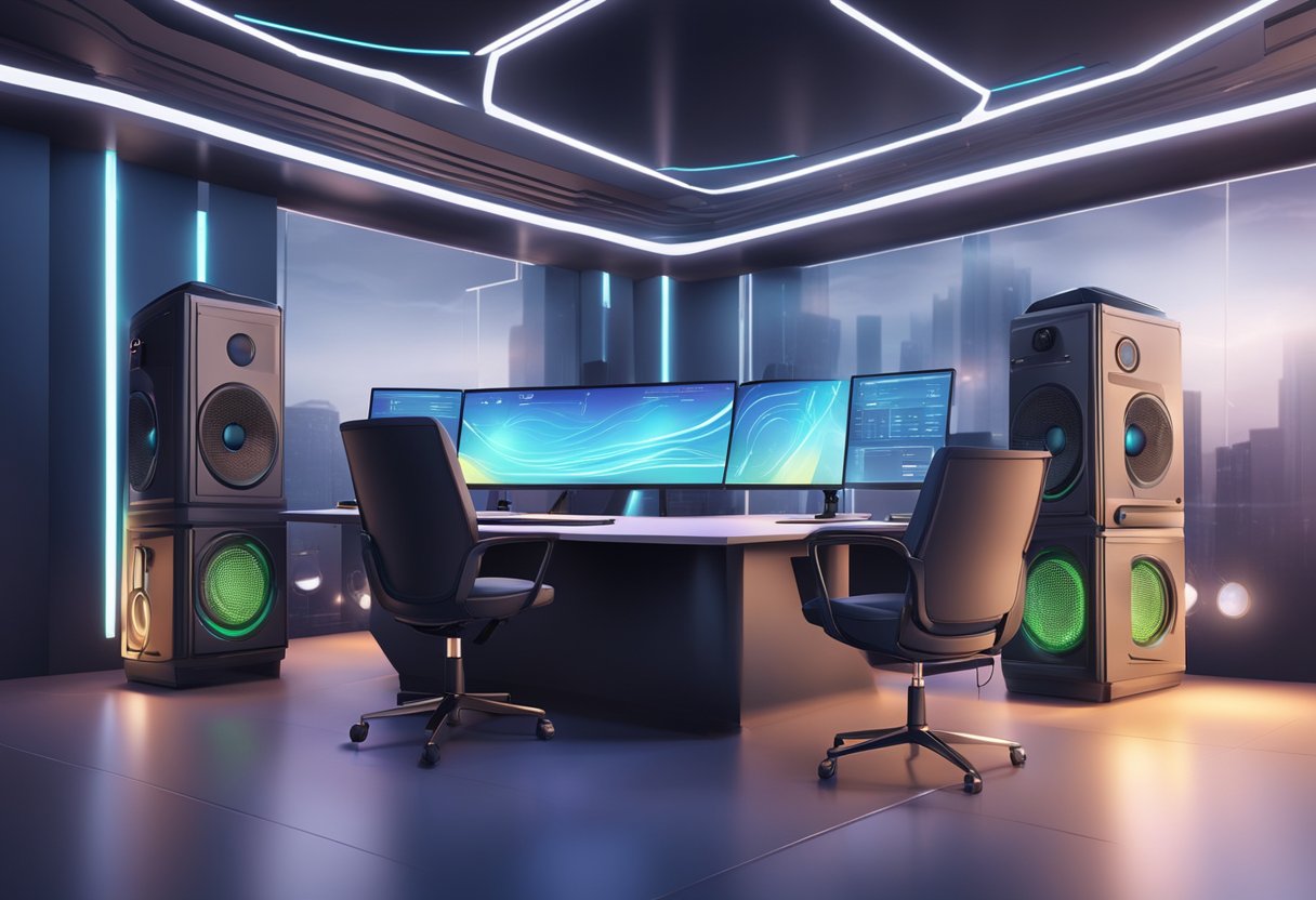 A futuristic podcasting studio with advanced technology and automated distribution systems. Bright lights and sleek design convey a sense of innovation and accessibility