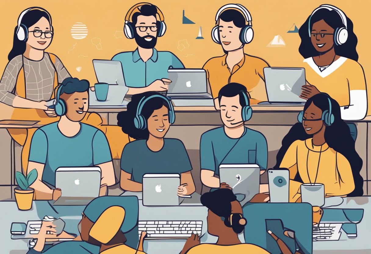 A diverse group of people from around the world are listening to a podcast on their devices, showing the global reach and impact of the medium