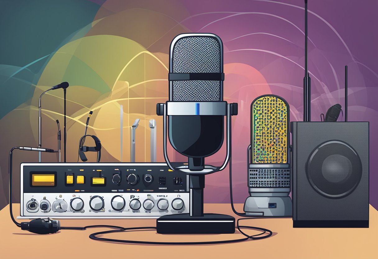 A microphone surrounded by various audio equipment, with a podcast logo displayed on a screen in the background