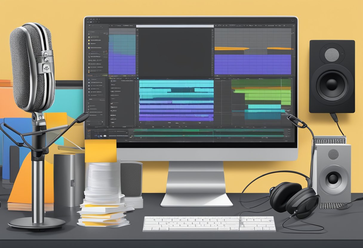 A microphone surrounded by various soundproofing materials, with headphones and a laptop displaying podcast editing software