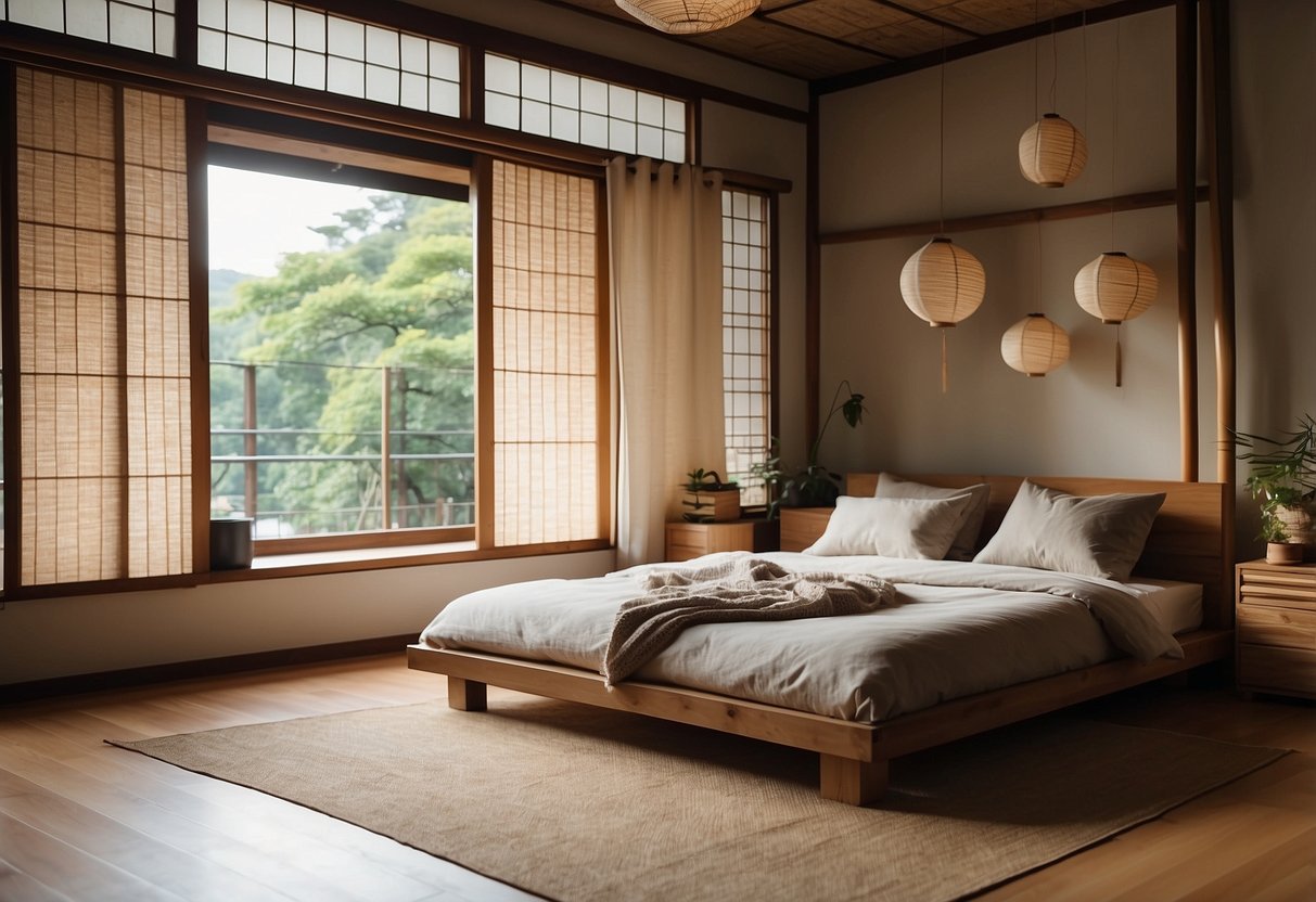 A cozy Japanese boho bedroom with tatami flooring, low wooden furniture, paper lanterns, and minimalist decor. Bamboo blinds filter natural light