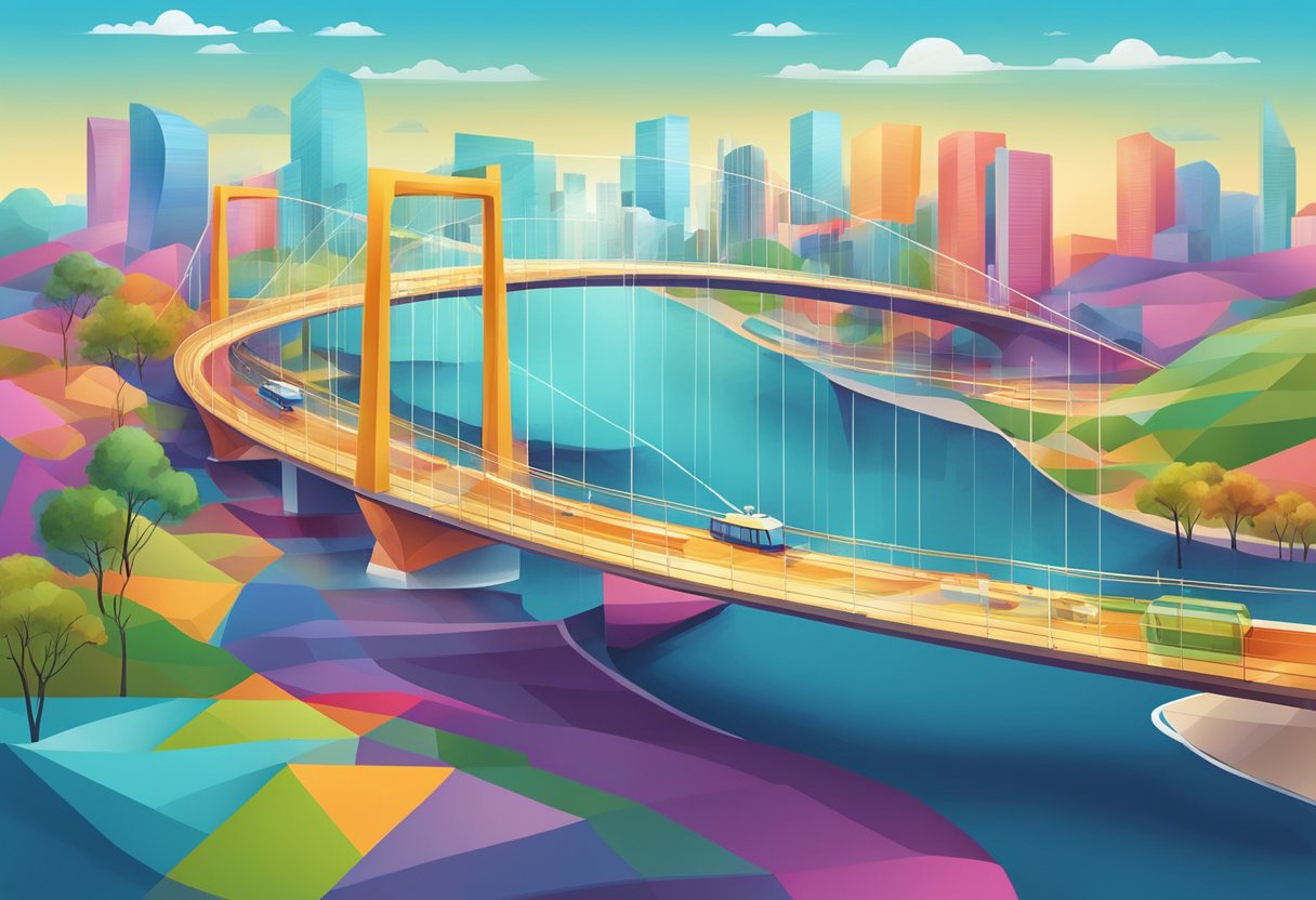 An abstract bridge connecting BRICS countries, featuring modern design and vibrant colors