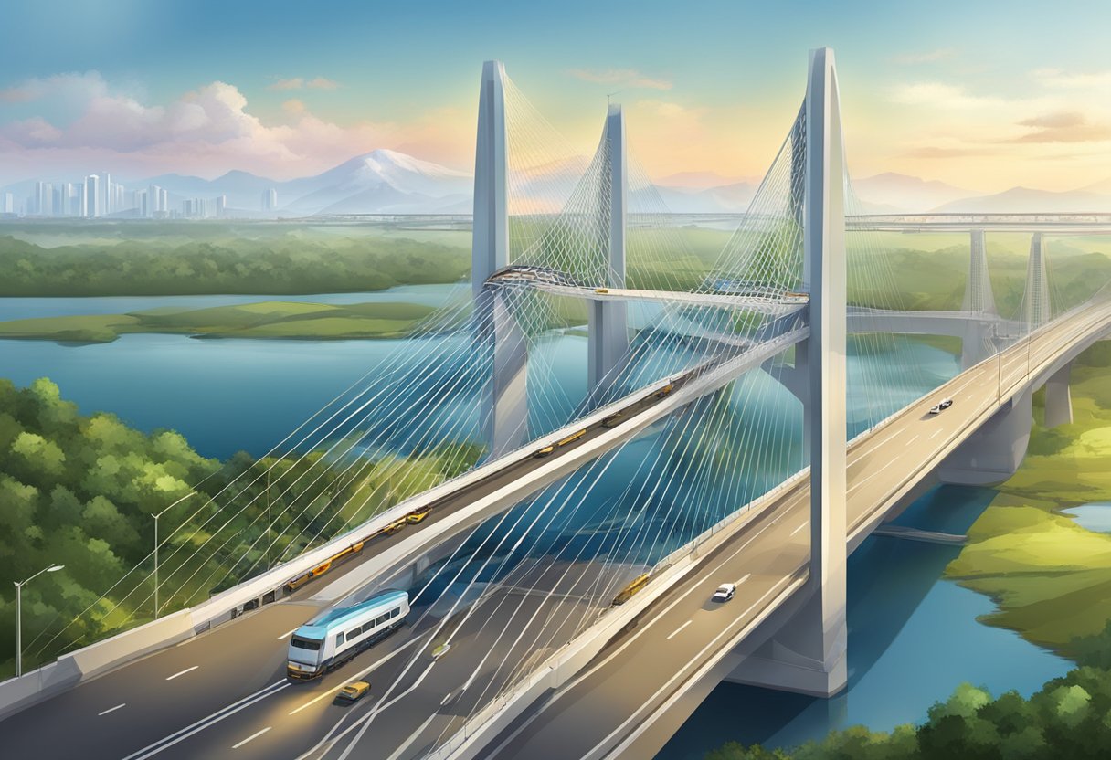 A modern bridge connects BRICS countries, with advanced infrastructure and technology