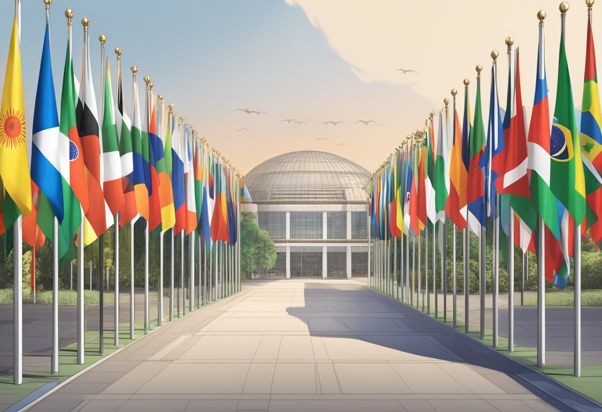 The mBridge project stands at the center, surrounded by the flags of the BRICS nations