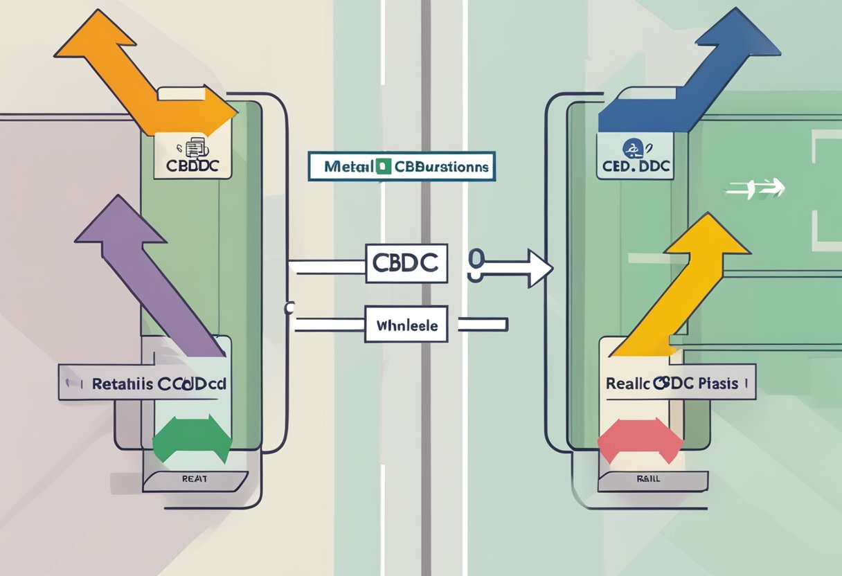 An illustration of two separate paths, one labeled "retail CBDC" and the other "wholesale CBDC," with arrows pointing in different directions to represent the difference between the two