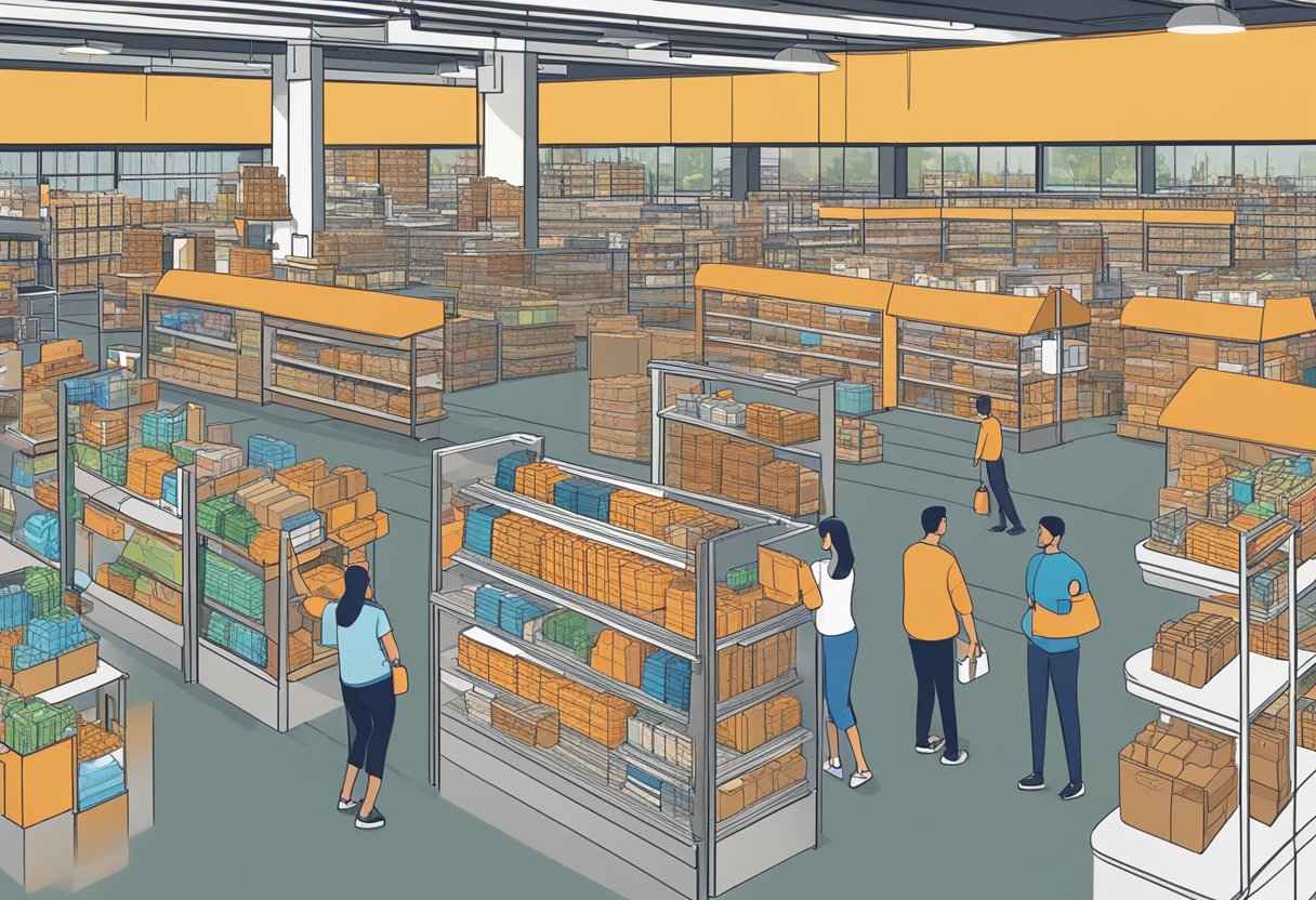 A bustling retail store contrasts with a quiet wholesale warehouse. Retail CBDC transactions are shown with customers and cashiers, while wholesale CBDC transactions involve large-scale orders and shipments