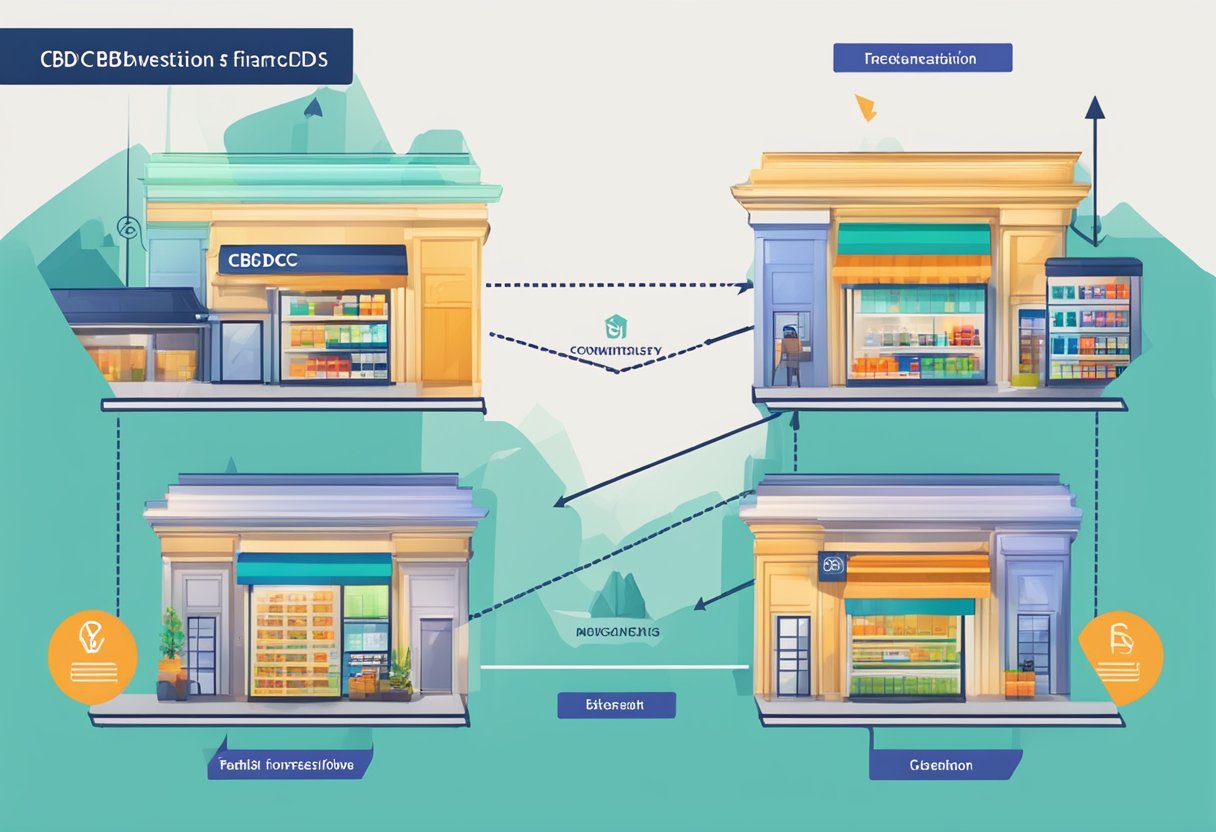 A diagram showing the distinction between retail and wholesale CBDC, with arrows indicating the flow of transactions and a comparison of their implications for the financial system