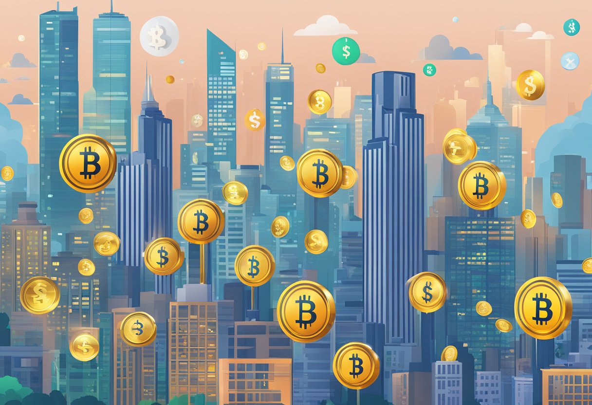 A bustling city skyline with digital currency symbols floating above. Retail and wholesale CBDC transactions depicted in separate, distinct settings