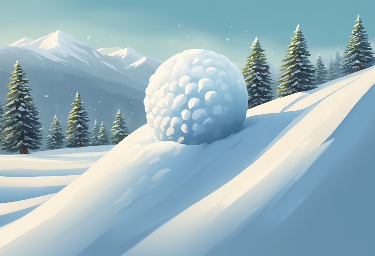 A snowball rolling down a hill, gaining momentum and size, visualizing the snowball method for paying off debt