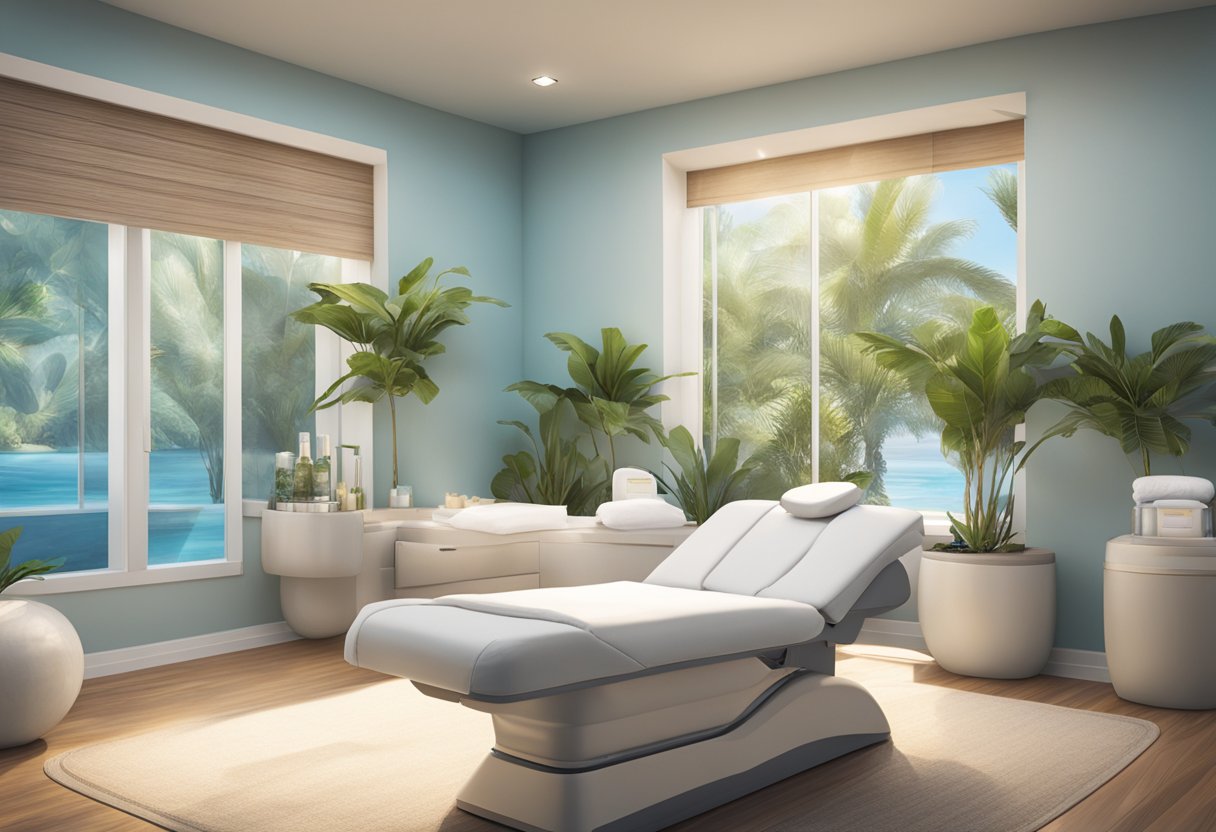 A serene spa room with a hydrafacial machine, soft lighting, and calming decor in San Diego