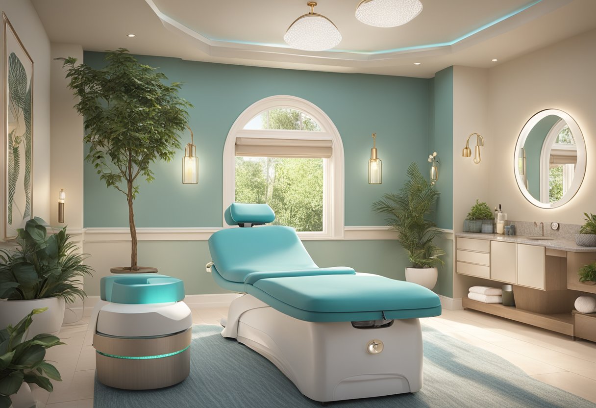 A serene spa room with a comfortable treatment chair, a hydrafacial machine, and soft ambient lighting. The room is clean and inviting, with soothing decor and a sense of tranquility