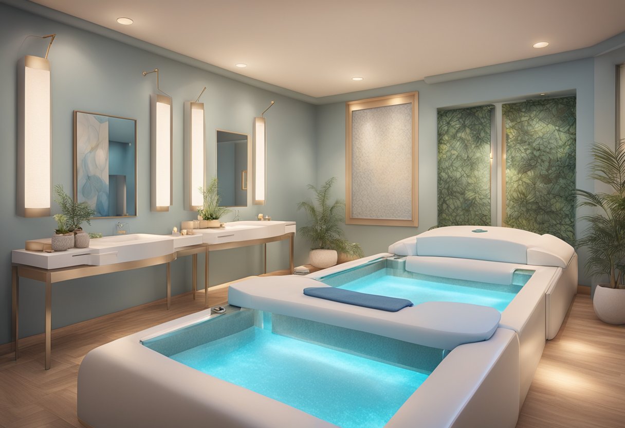 A serene spa room with a Hydrafacial machine, soft lighting, and calming decor in San Diego