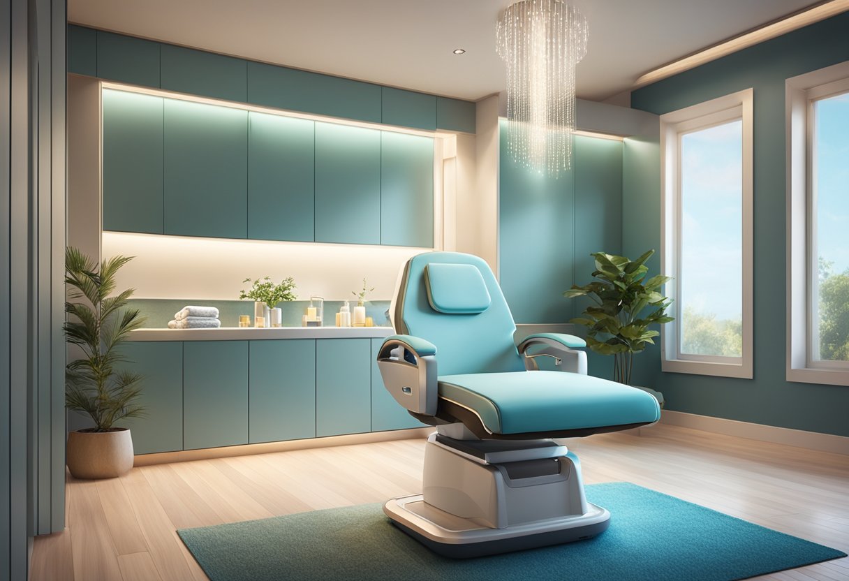 A serene spa room with a comfortable treatment chair, soft lighting, and a sleek hydrafacial machine. A calming atmosphere with soothing music playing in the background