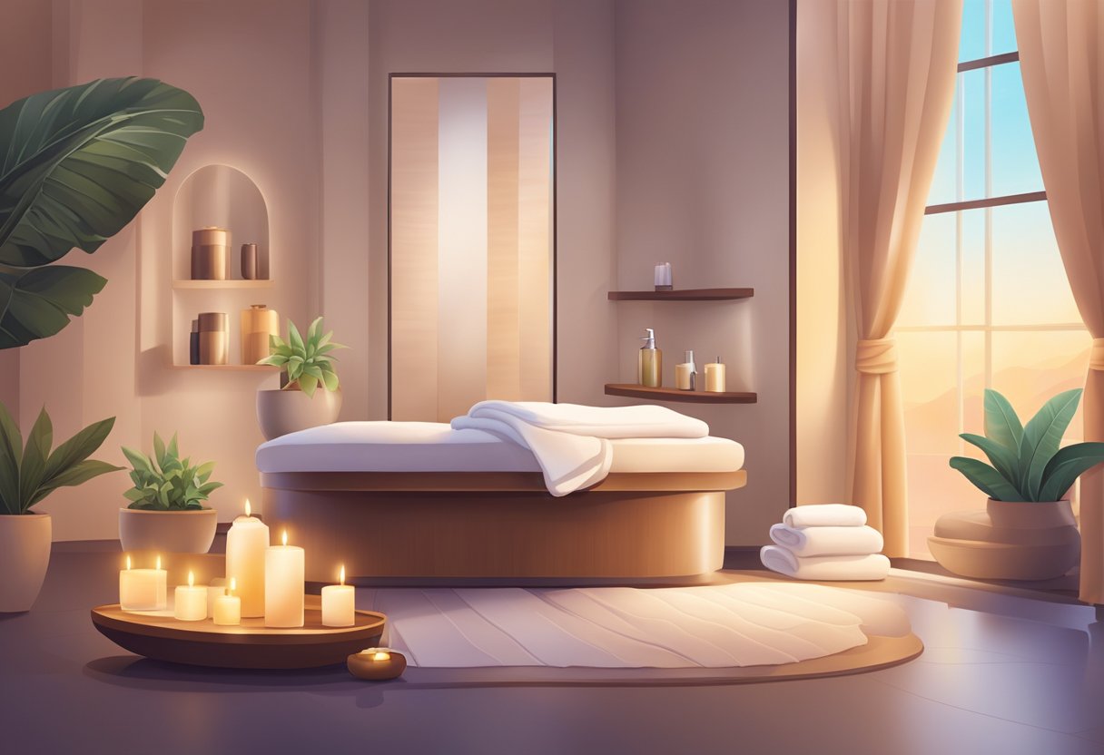 A serene spa room with soft lighting, plush towels, and soothing music. A table set with skincare products and a comfortable chair for a relaxing facial treatment