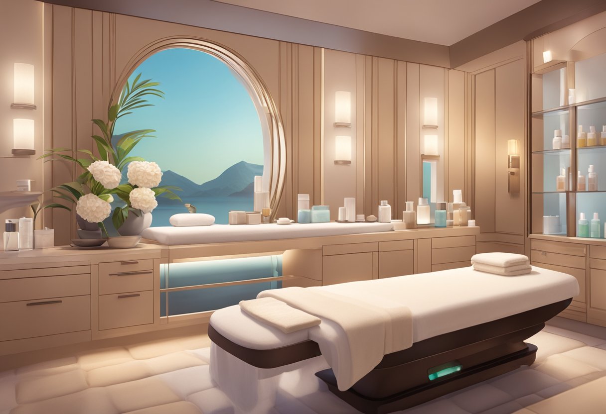 A serene spa room with soft lighting, plush seating, and a soothing ambiance. A table is set with various skincare products and tools for comprehensive facial treatments