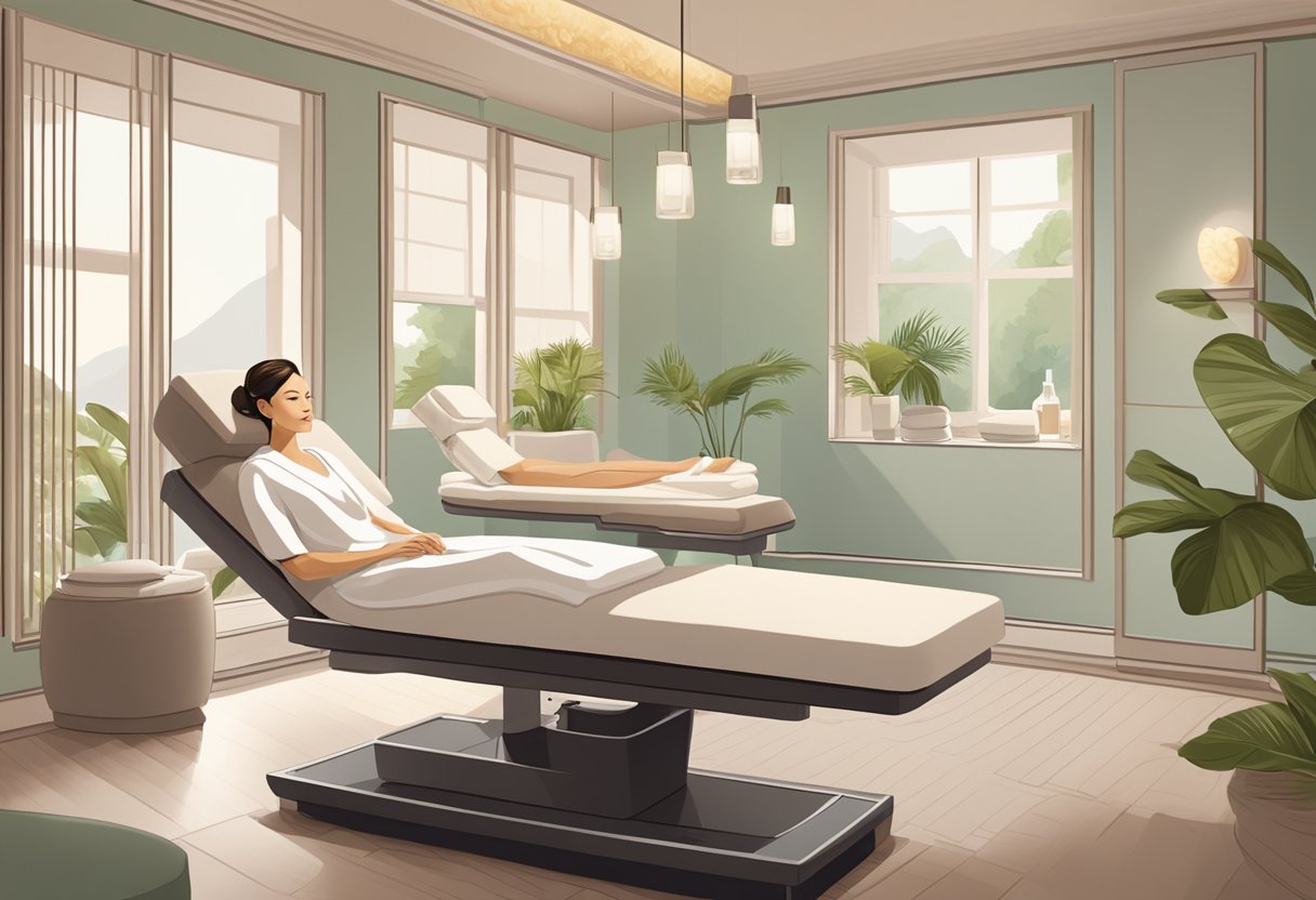 A client reclines on a plush treatment bed as a skincare professional carefully selects products and tools for a facial in a serene spa setting