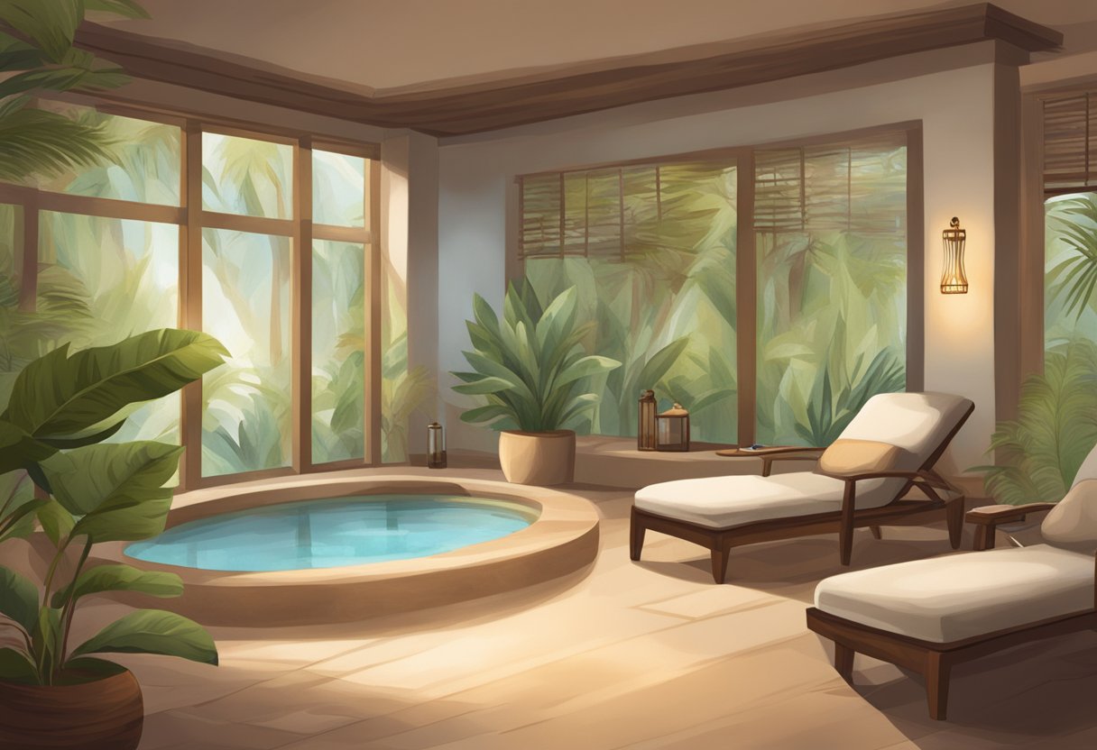 A tranquil spa room with soft lighting, plush seating, and natural decor. A sign reads "Orissa Spa Boutique - best spa in Chula Vista."