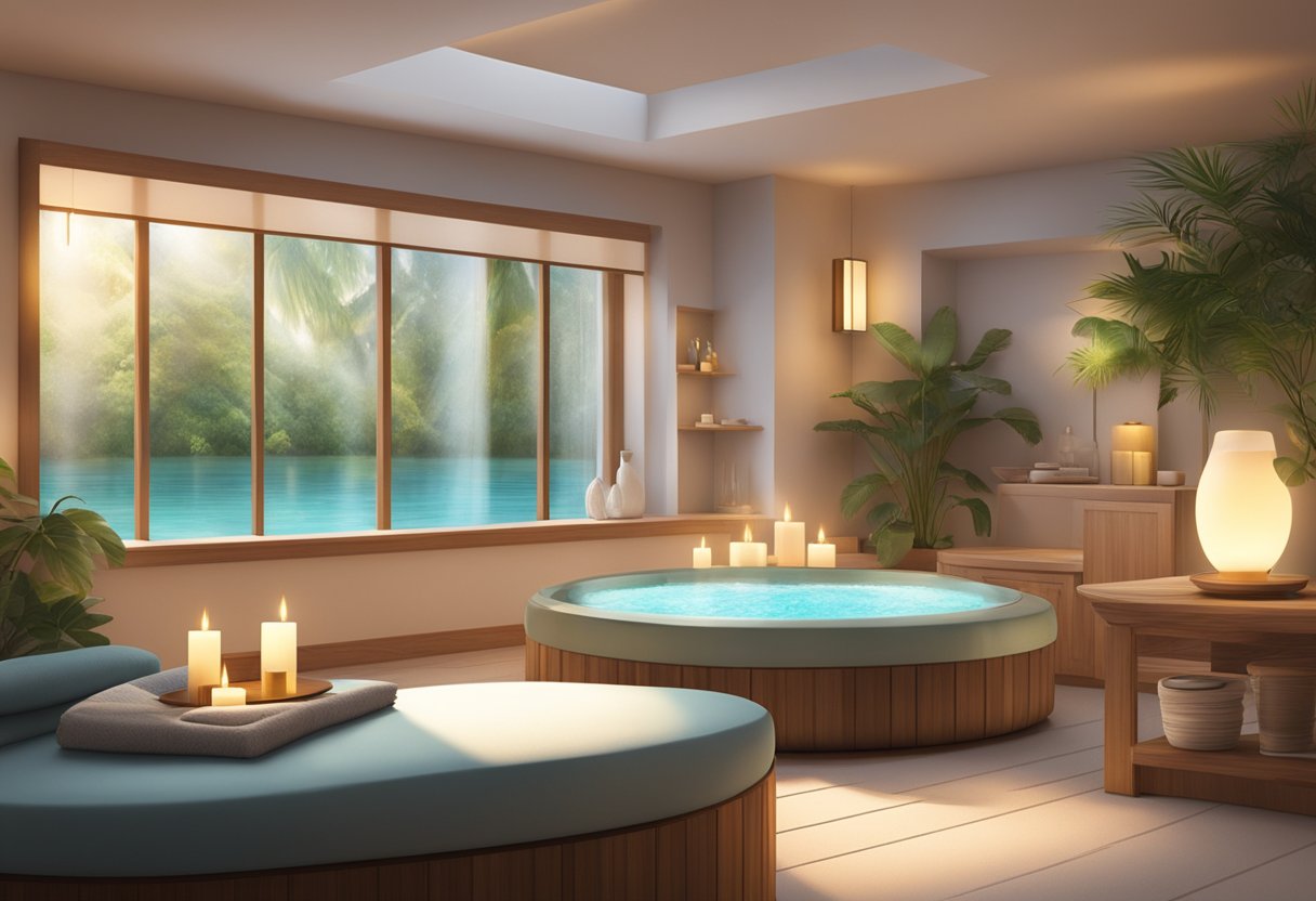 A serene spa with soft lighting, plush seating, and calming music. Aromatherapy scents fill the air, and a tranquil atmosphere invites relaxation