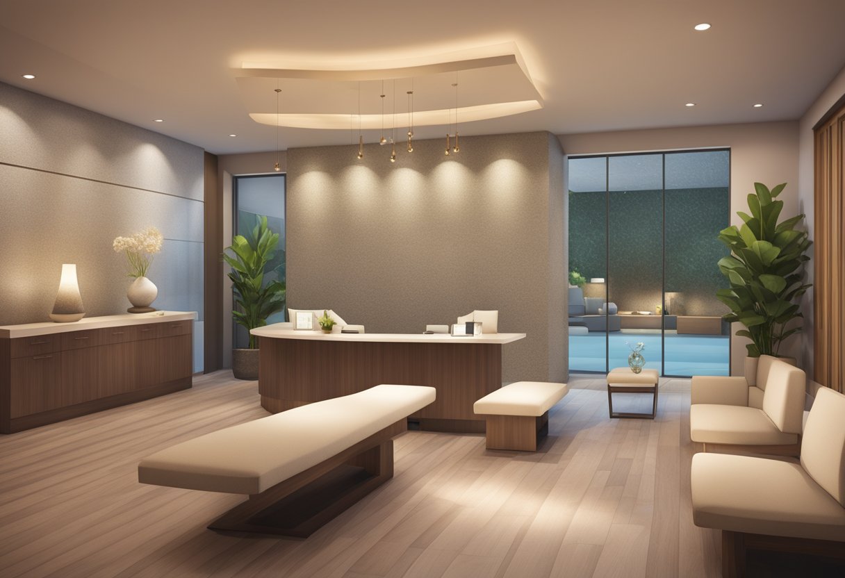 A serene spa reception with a modern desk, comfortable seating, and soft lighting. Brochures and pamphlets are neatly displayed for visitors to browse