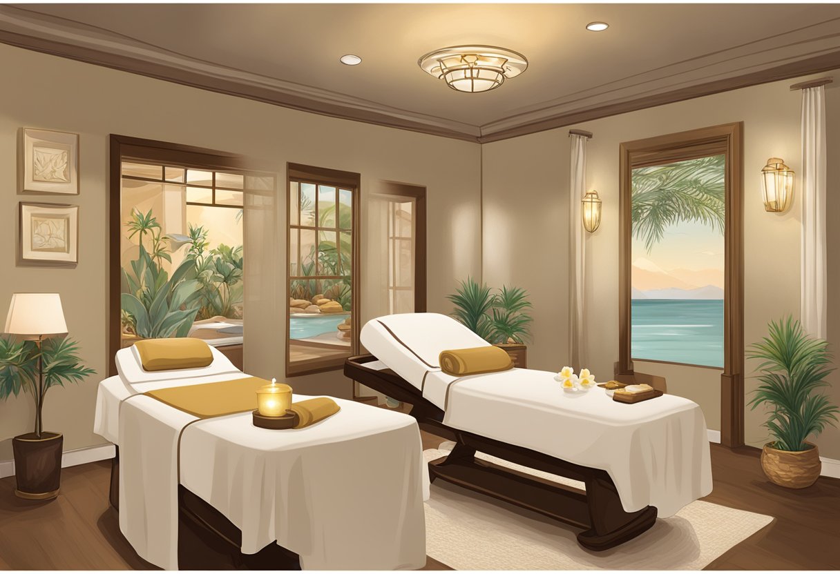 A serene spa room with soft lighting, plush massage tables, and calming decor. A sign reads "Orissa Spa Boutique - Best Spa in Chula Vista."