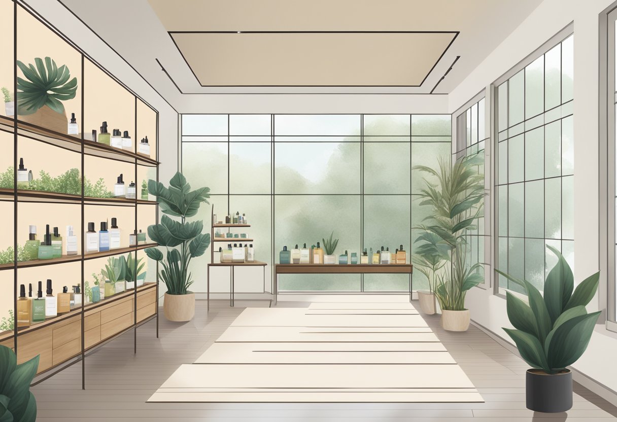 Orissa Spa Boutique: serene, minimalist space with natural light, plants, and calming decor. Shelves display luxurious skincare products and soothing essential oils