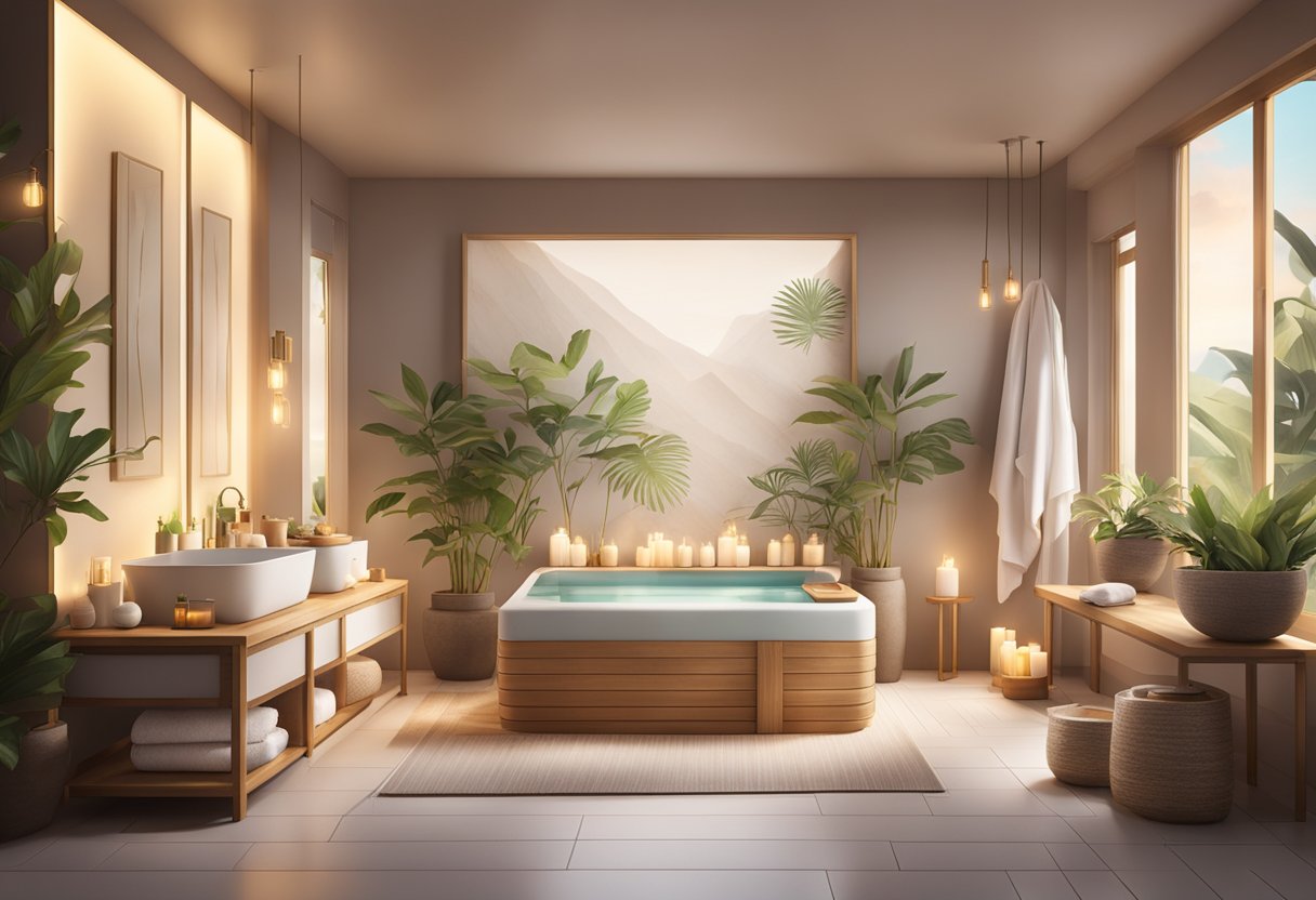 A serene spa setting with calming decor, soft lighting, and luxurious skincare products on display