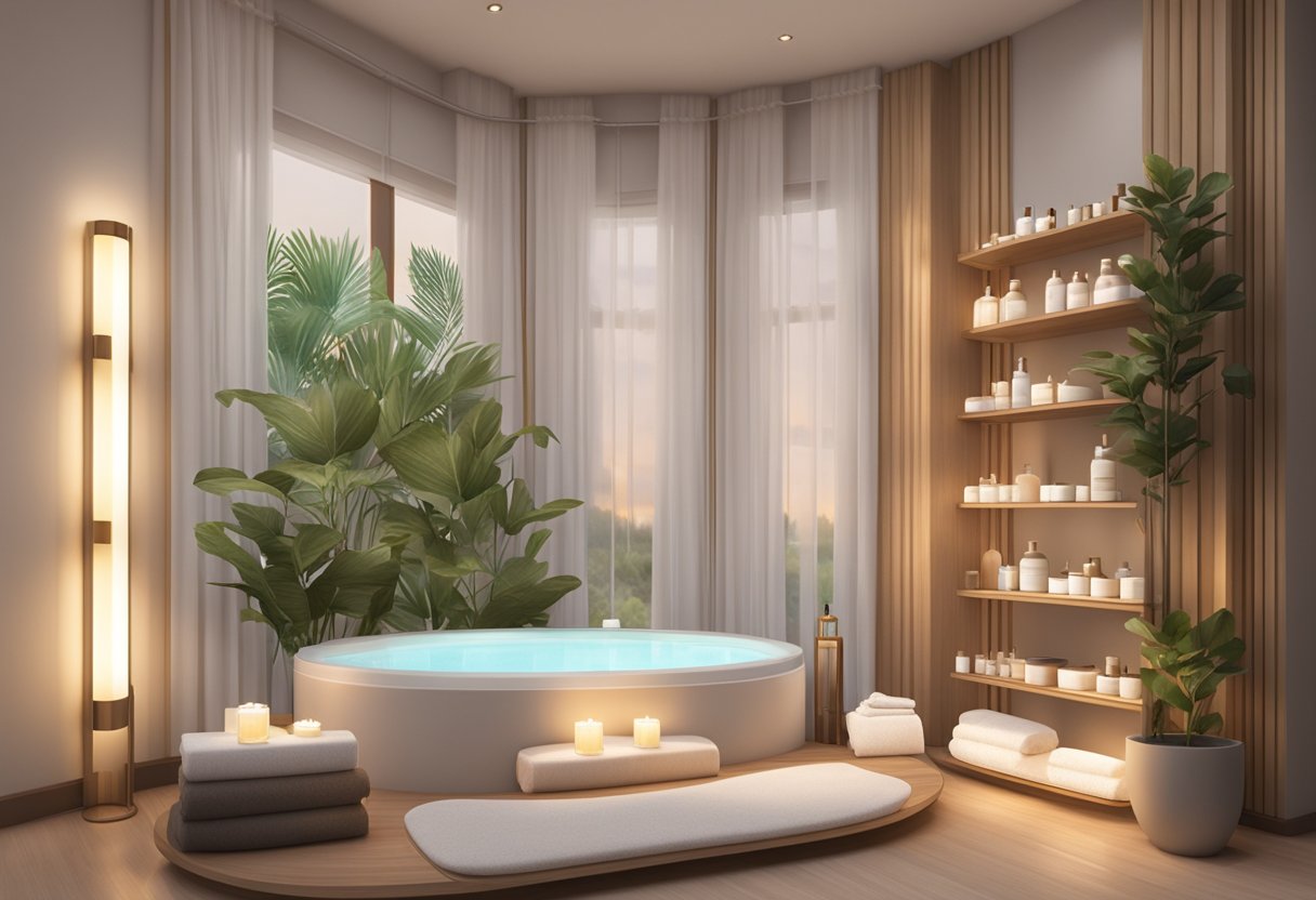 A serene spa setting with skincare products displayed, soft lighting, and a calming ambiance. The Orissa Spa Boutique sign is prominently featured