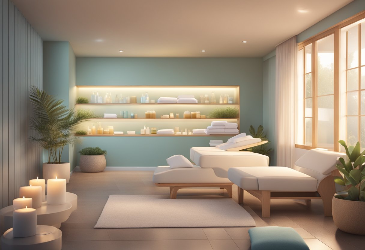 A serene spa room with soft lighting, a comfortable treatment bed, and shelves lined with rejuvenating skincare products