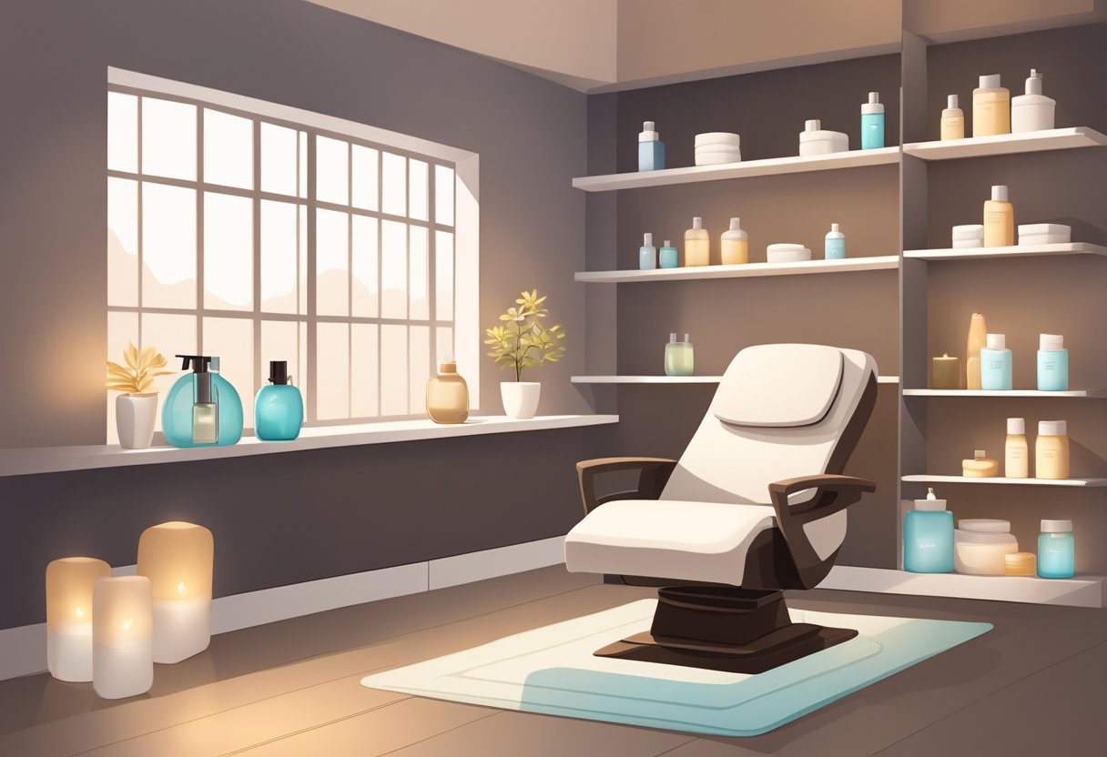 A serene spa room with soft lighting and a comfortable treatment chair. A shelf displays various skincare products, while a peaceful atmosphere invites relaxation