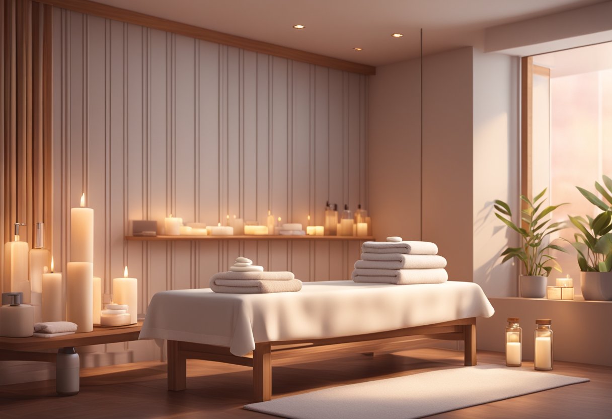 A serene spa room with soft lighting, a comfortable treatment bed, and a shelf filled with skincare products