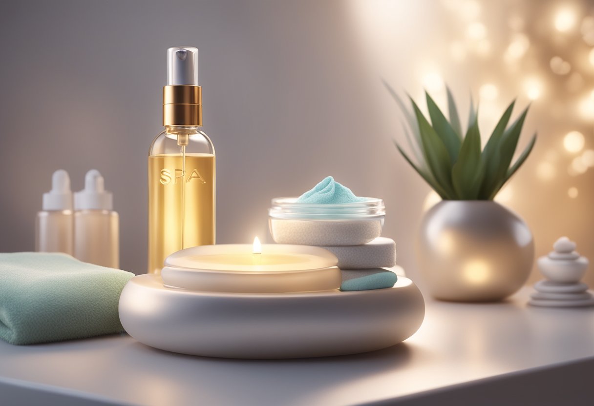 A serene spa setting with a glowing anti-aging facial product displayed, surrounded by soft lighting and calming decor