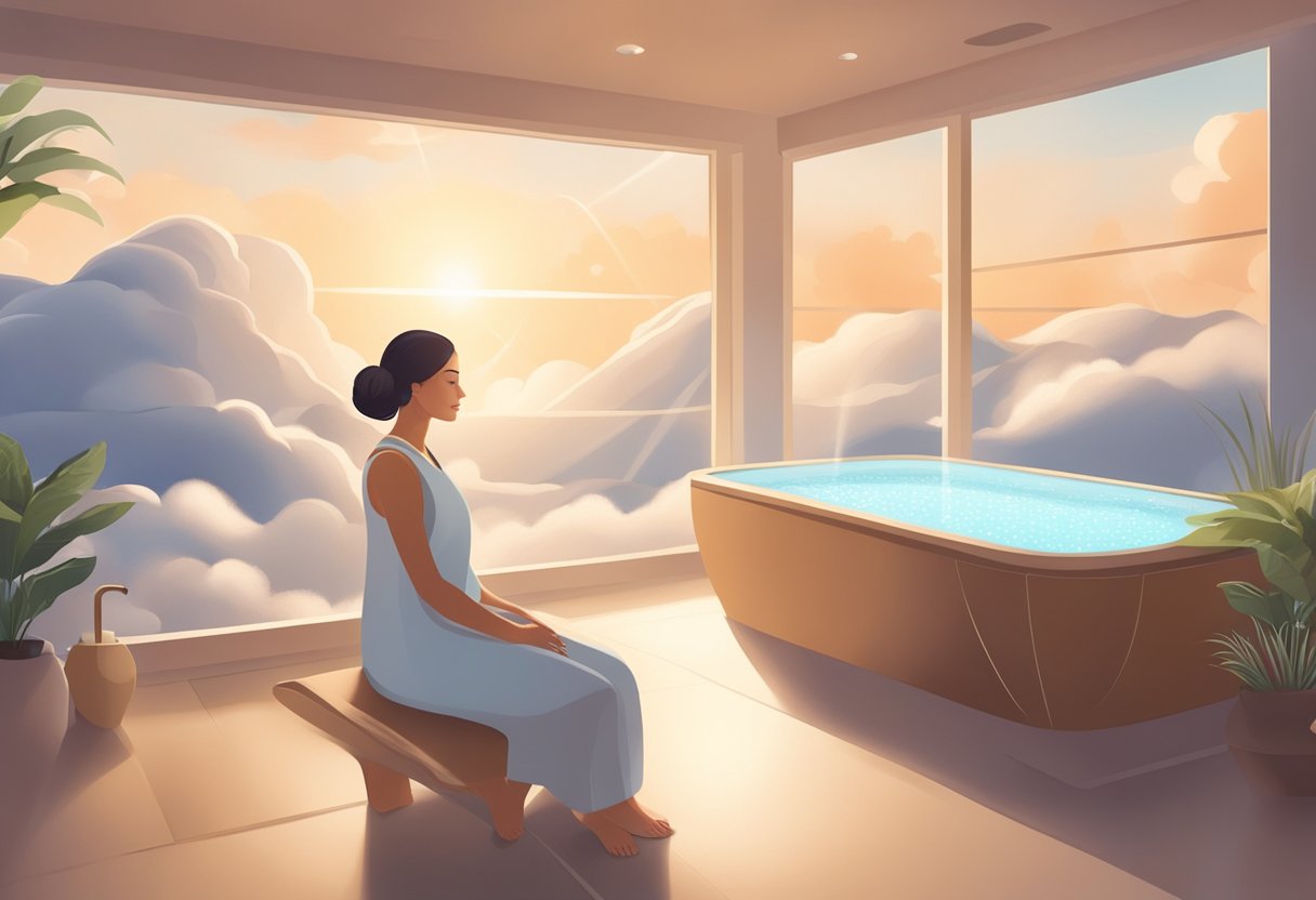 A serene spa room with a soft, glowing light. A woman's face is surrounded by a cloud of oxygen mist, giving her skin a radiant, rejuvenated appearance