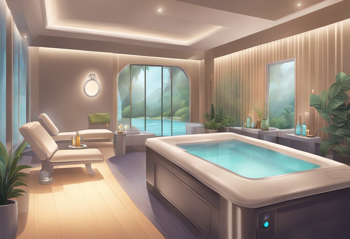 A serene spa room with an oxygen machine, soft lighting, and a comfortable treatment chair