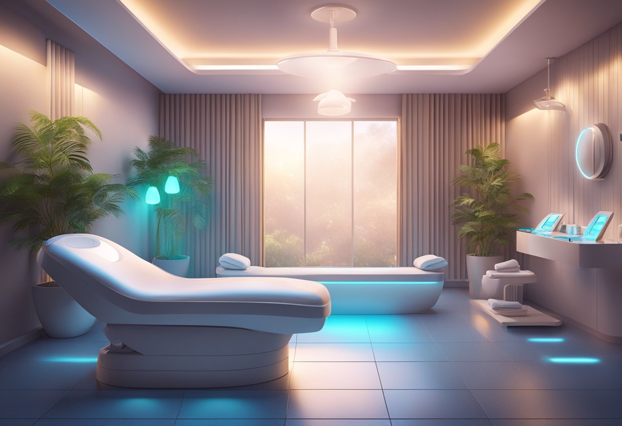 A serene spa room with a futuristic oxygen facial machine, soft lighting, and relaxing music