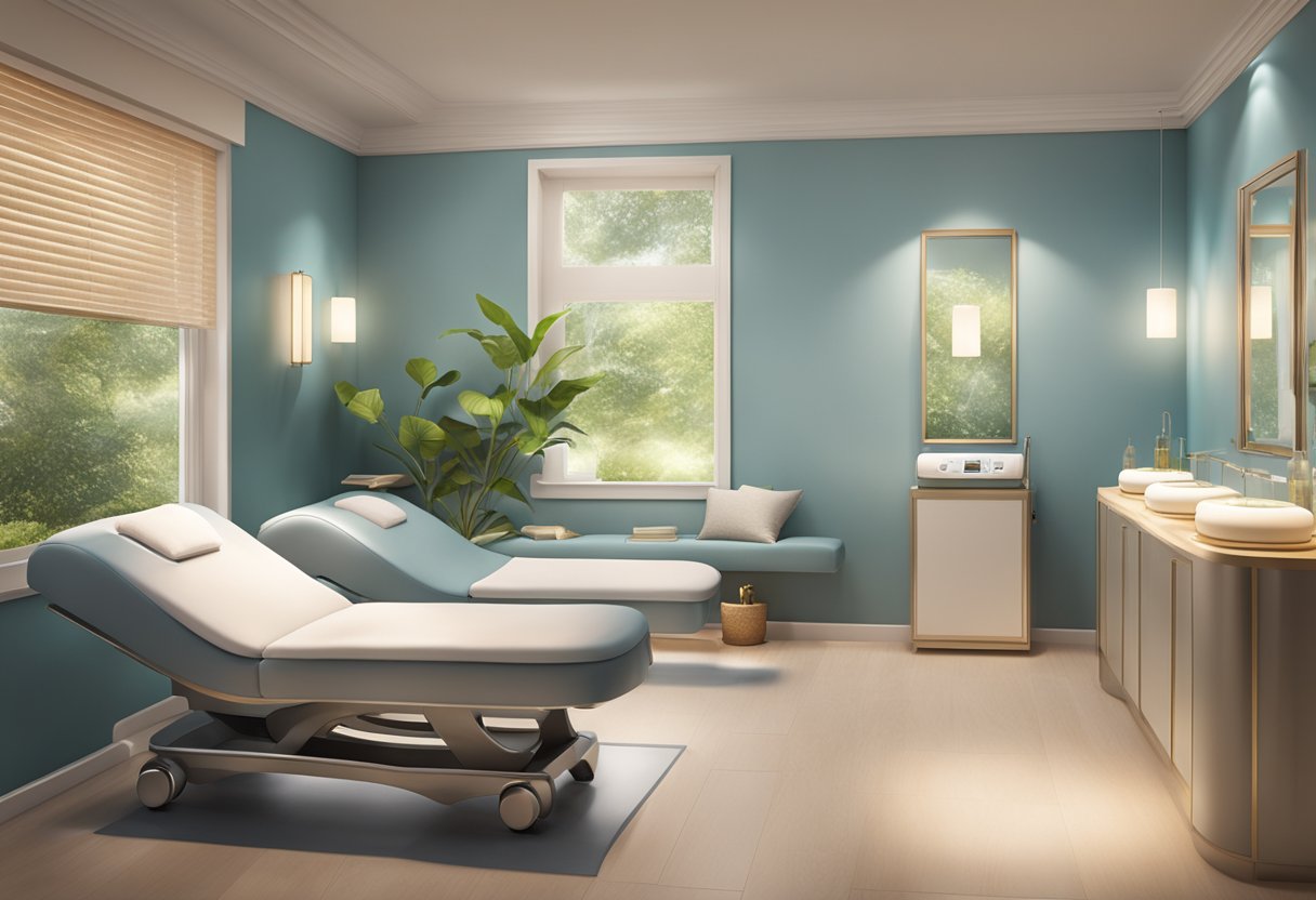 A serene spa room with an oxygen facial machine, soft lighting, and comfortable seating for clients