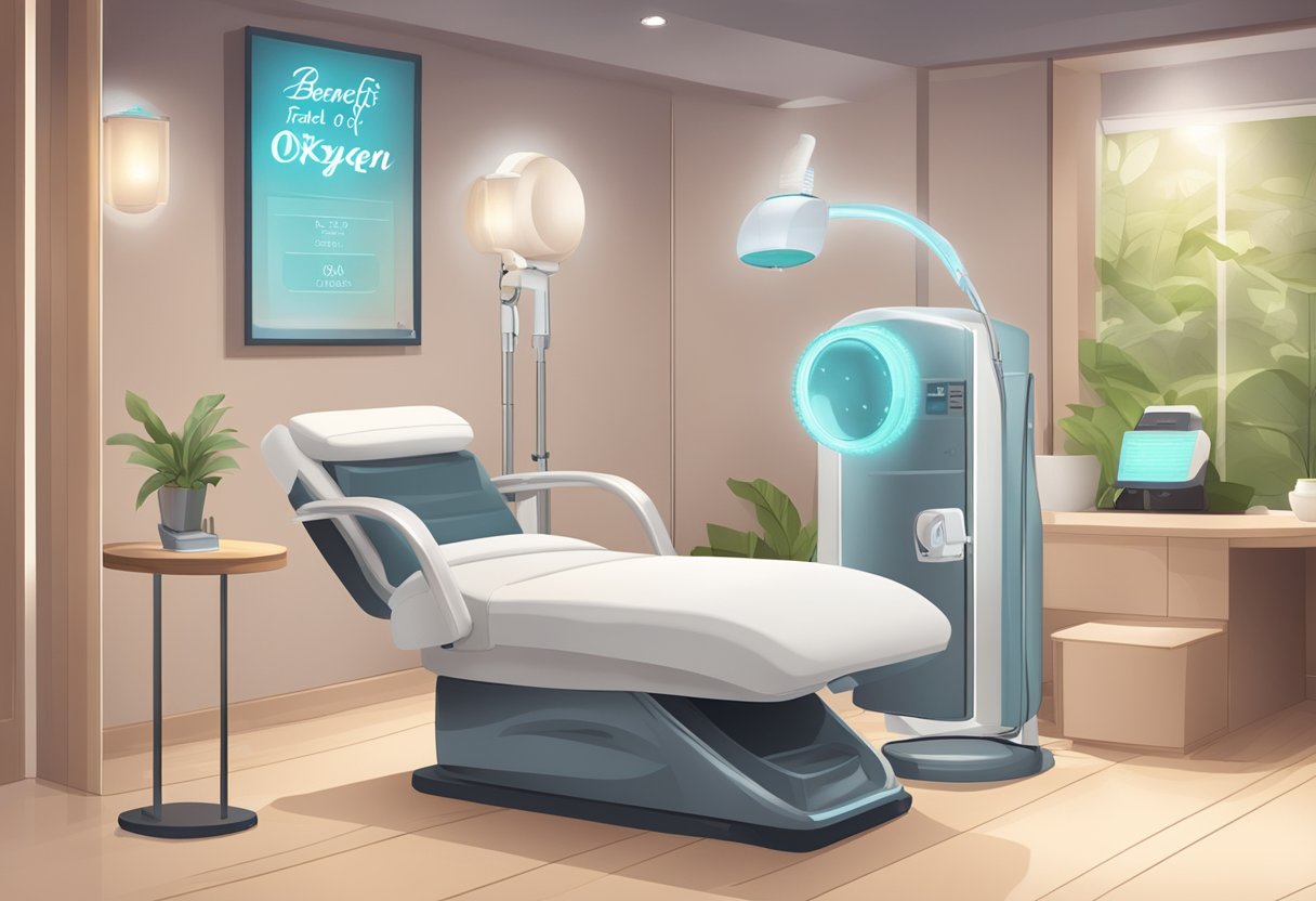 A serene spa room with an oxygen machine, soft lighting, and a comfortable treatment chair. A sign reads "Benefits of Oxygen Facial FAQs."