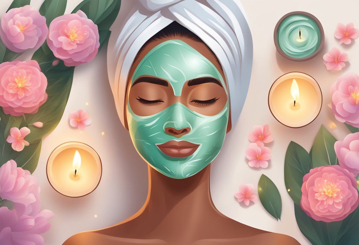 A person's face with a peel facial mask, surrounded by soothing spa elements like candles, flowers, and soft lighting