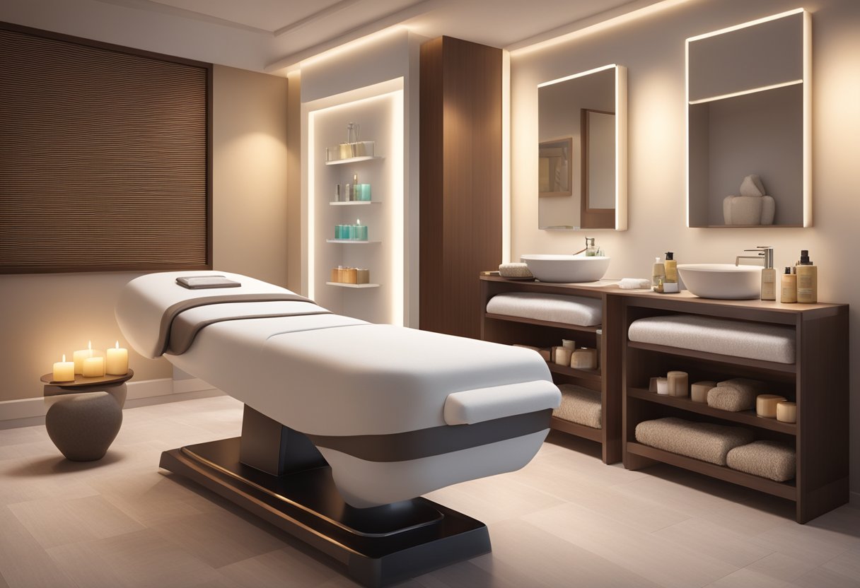 A serene spa room with soft lighting, a comfortable treatment chair, and a table displaying various peel facial products and tools