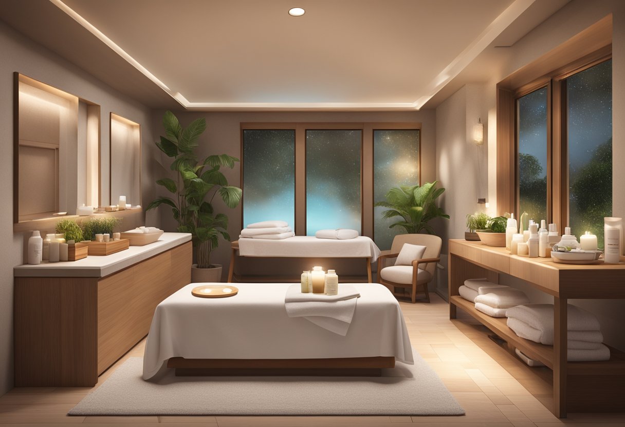 A serene spa room with soft lighting and a table set up for a peel facial. A variety of skincare products and tools are neatly arranged, creating a sense of relaxation and rejuvenation