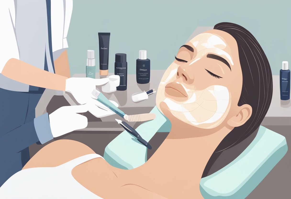 An aesthetician applies a peel facial to a client's skin, with products and tools neatly arranged on a clean, organized workspace. Aftercare instructions are displayed prominently